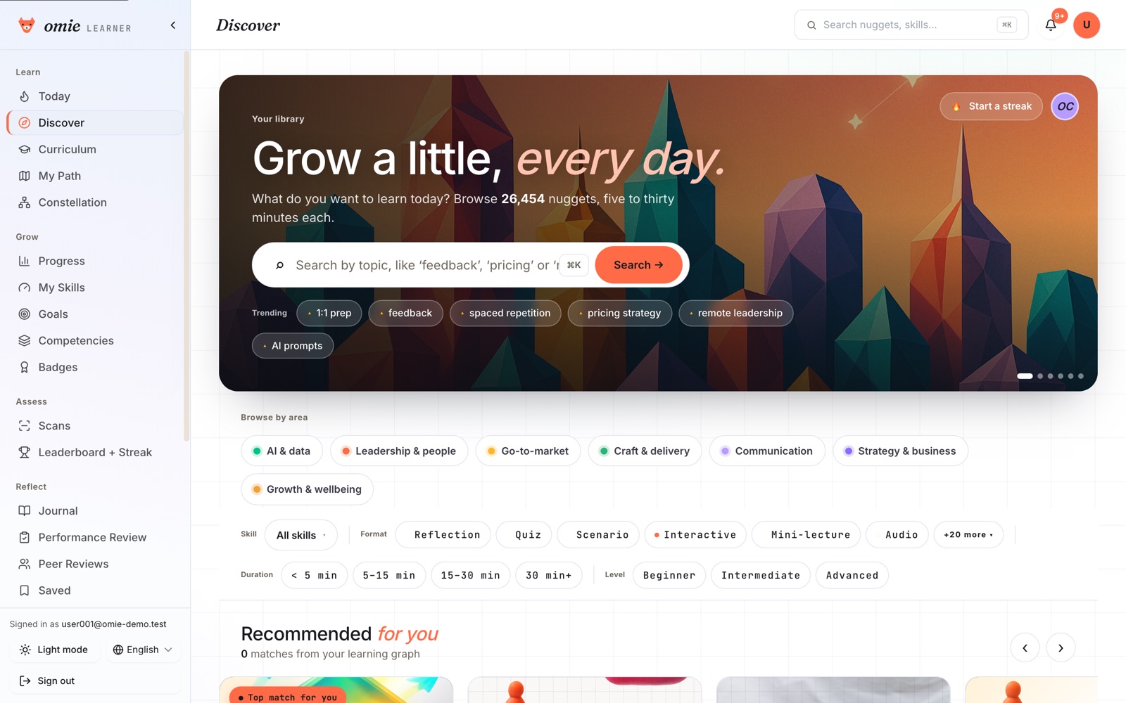 The Discover library: search with trending topics, browse-by-area chips, and filters for skill, format, duration and level.