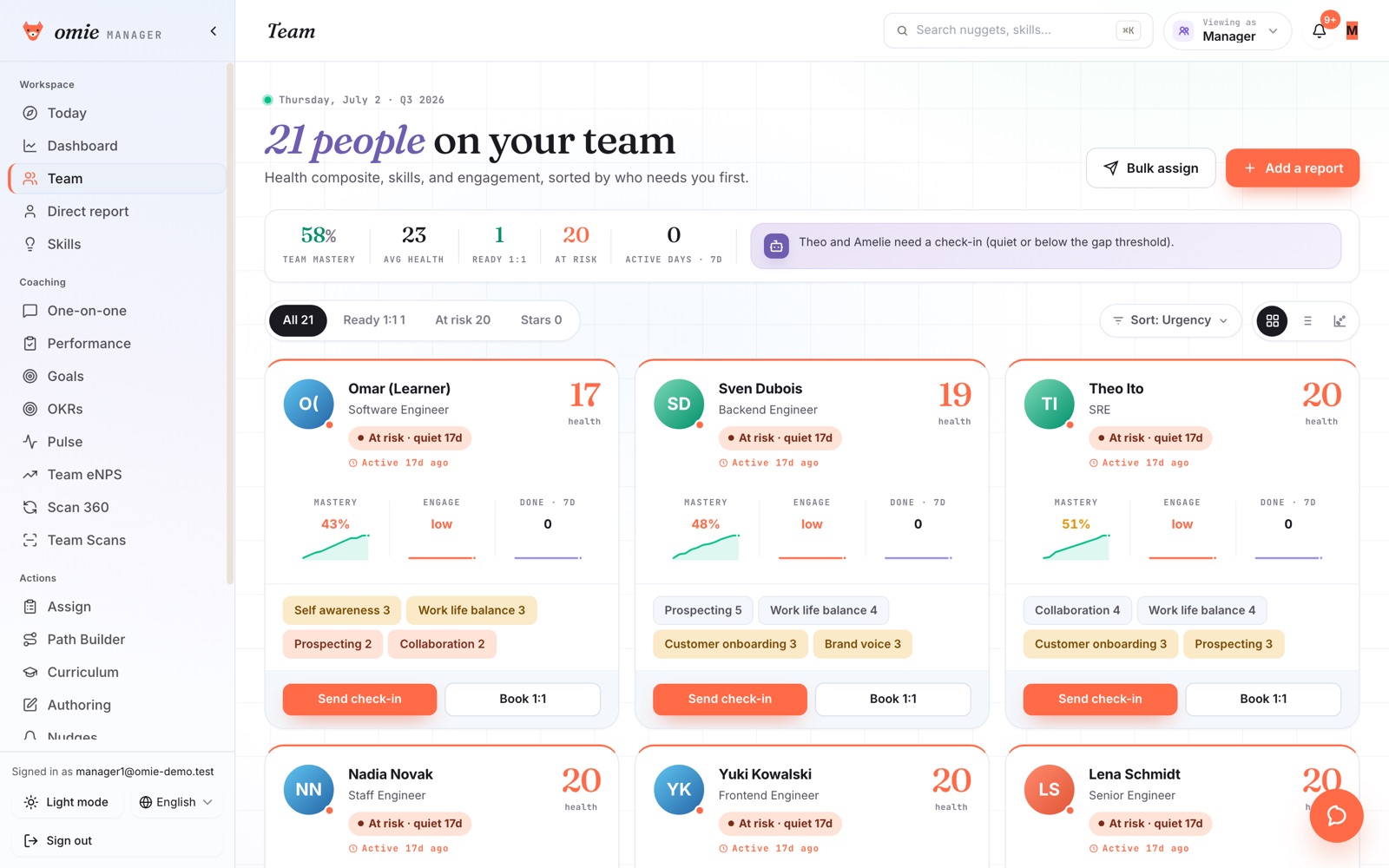 The manager team view: every direct report as a card with mastery movement, active paths and the next suggested conversation.