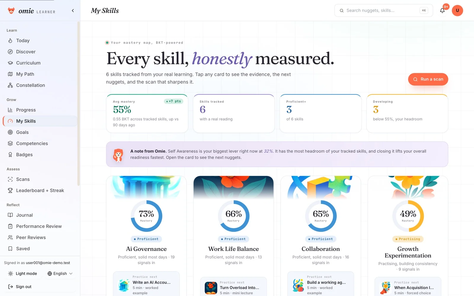 The My Skills screen with mastery donuts reading real percentages, proficiency chips, and practice-next nuggets under each skill.