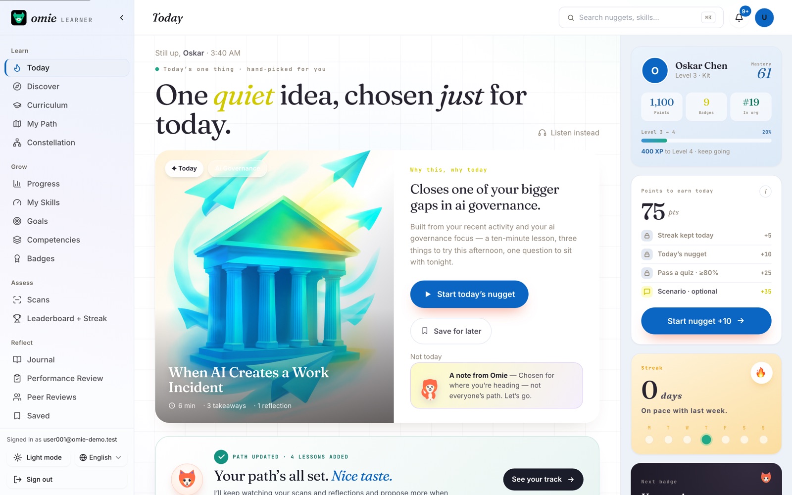 The Omie Today page with the why-this-lesson chip: the same engine reasons Ada cites in chat, shown on the daily feed.